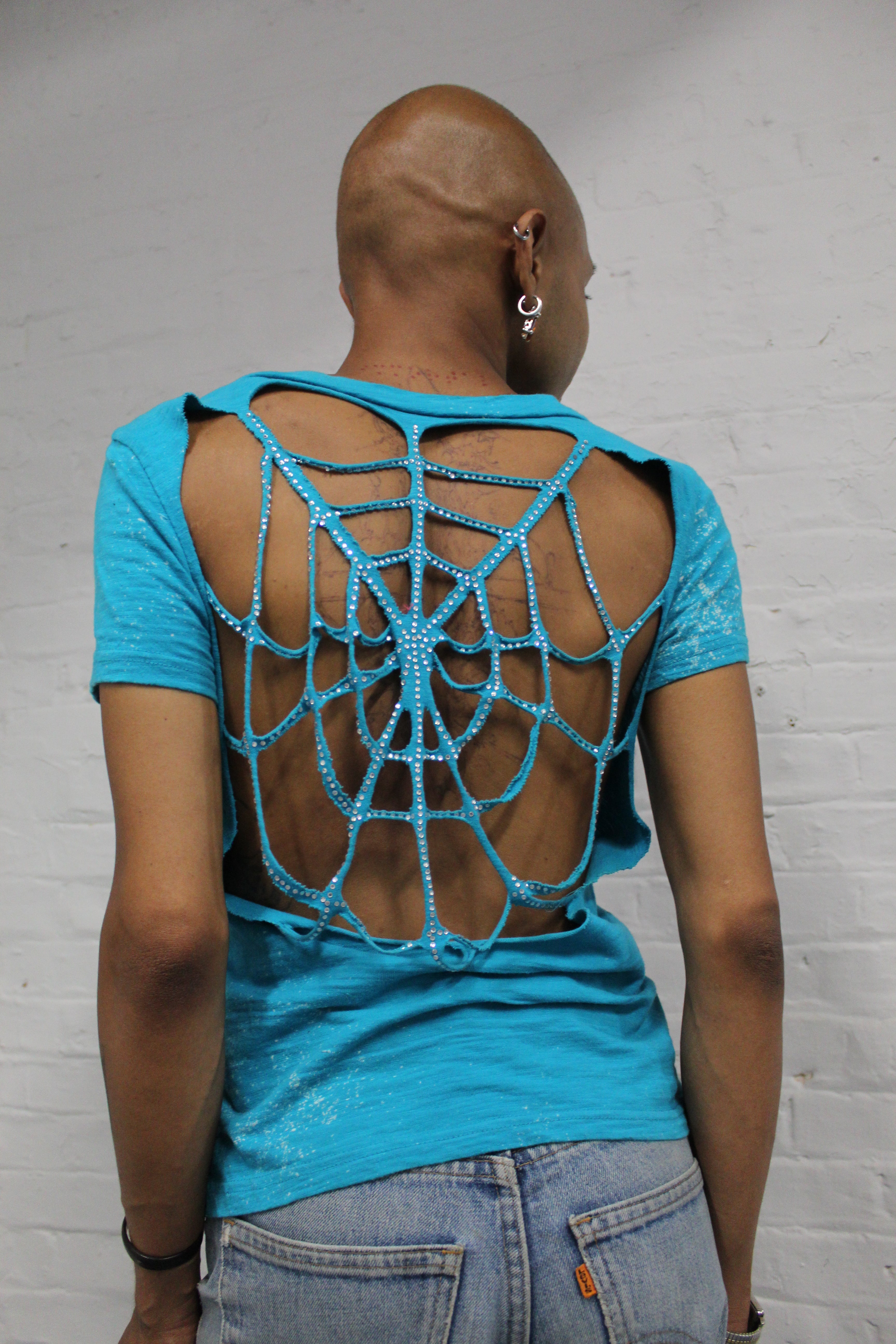 Aqua Rhinestone Webbed Back Tee